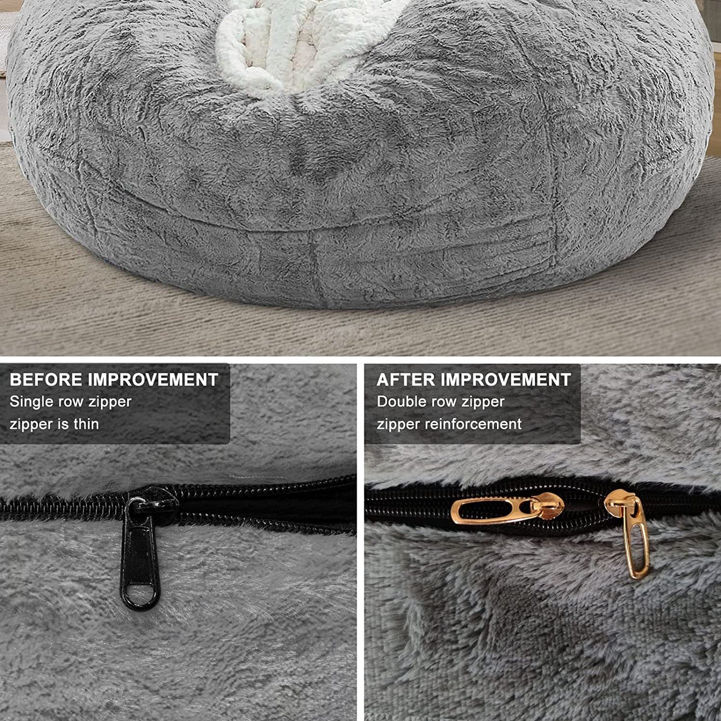 Bean Bag Chair Cover, Filler separated Before and After Improvement