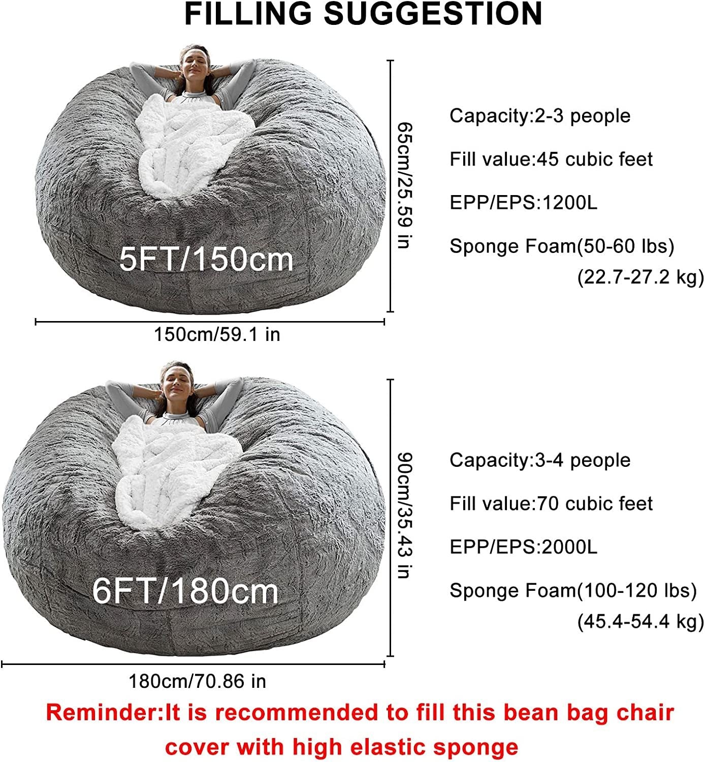 Bean Bag Chair Cover, Filler separated Dimensions